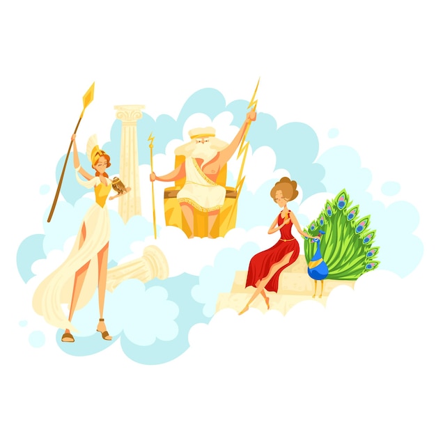 Character greek male female sitting sky kingdom cloudy heaven place isolated on white cartoon vector illustration zeus hera with peacock artemis