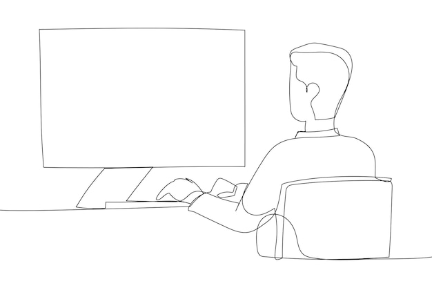 Character of guy sitting by workplace and working with software continuous line design style