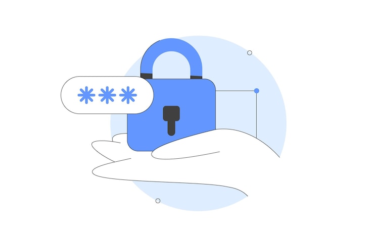 Vector character hand holding padlock with password pin code entry security and safety cyber privacy vector