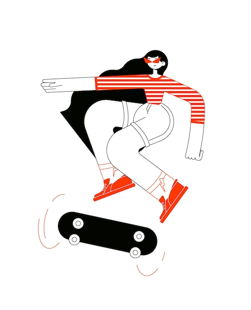 Character of a happy girl doing a jump trick on a skateboard