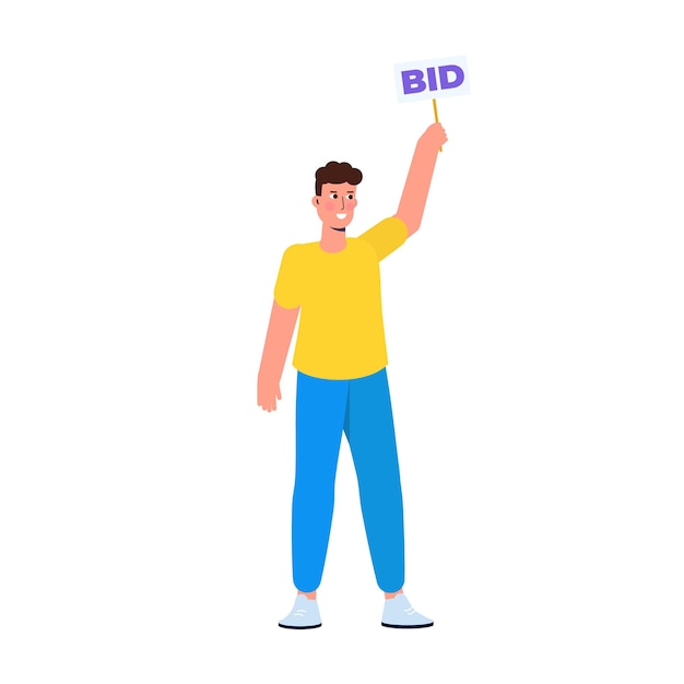 Character  holding auction paddle with bid text. Vector illustration.