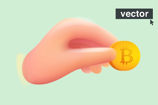 Character holding gold bitcoin in his hand Realistic vector 3D illustration in cartoon style