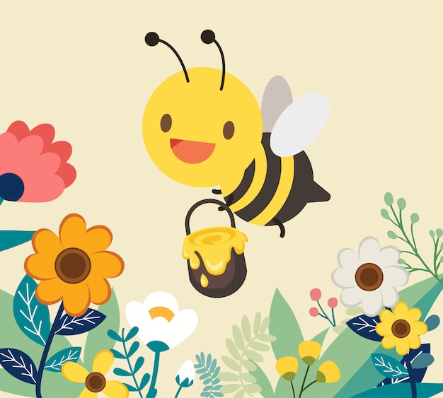 Vector character honey bee with flower