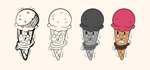 Character icecream in four variants sketchlineartcolorless and colored stages of drawing coloring book vintage toons funny character vector illustration trendy classic retro cartoon style