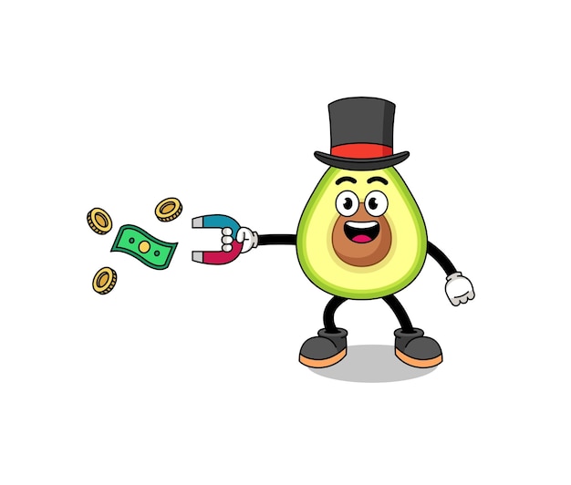 Character Illustration of avocado catching money with a magnet character design