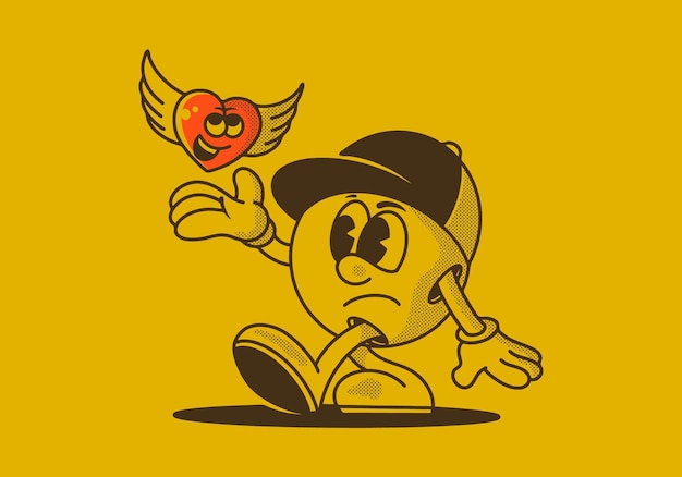 Character illustration of a ball head and flying heart