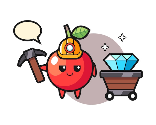 Character illustration of cherry as a miner, cute style design  