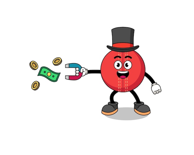 Character Illustration of cricket ball catching money with a magnet character design