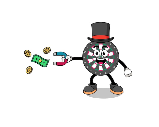 磁石でお金をキャッチするダーツボードのキャラクターイラスト