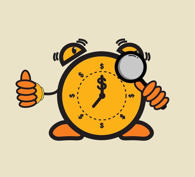 Vector character illustration design clock holding magnifying glass