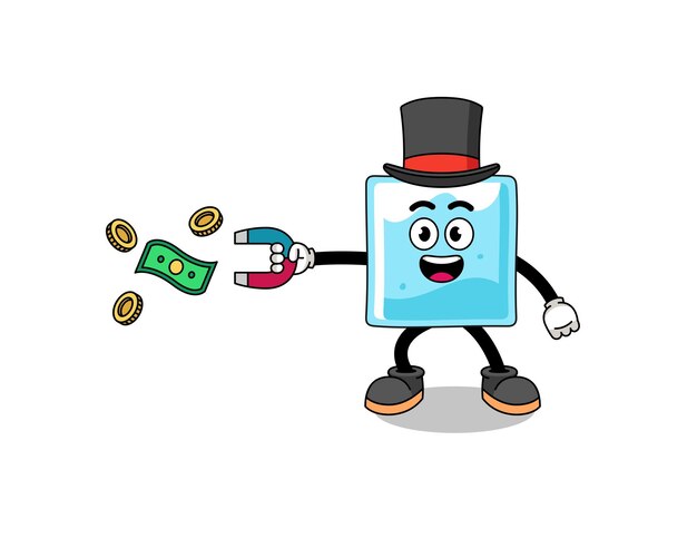 Character Illustration of ice block catching money with a magnet character design
