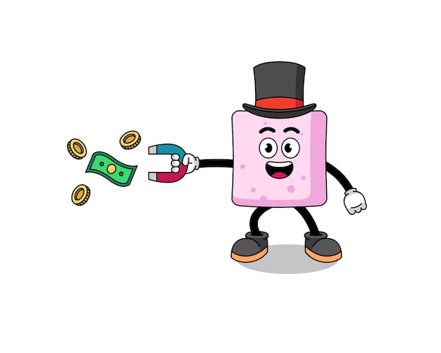 Character Illustration of marshmallow catching money with a magnet character design