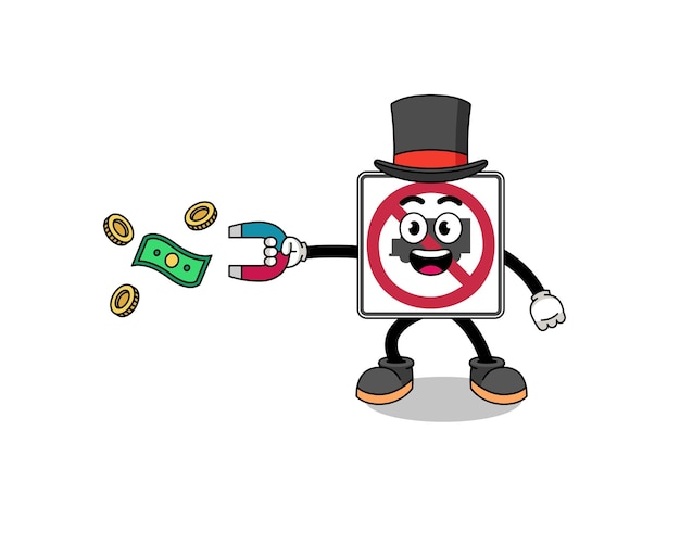 磁石でお金をキャッチするトラック禁止道路標識のキャラクター イラスト