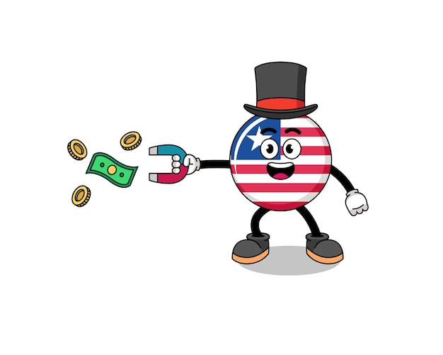 ベクトル 磁石でお金をキャッチするリベリアの国旗のキャラクター イラスト