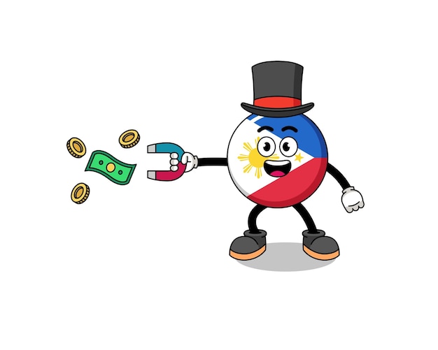 Character Illustration of philippines flag catching money with a magnet