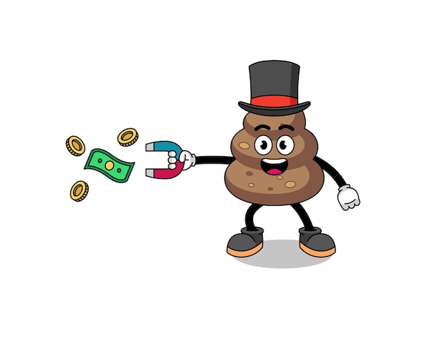 Character Illustration of poop catching money with a magnet