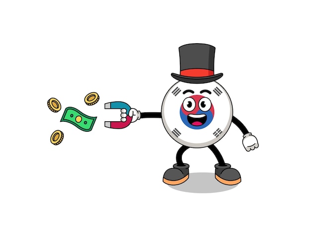 Character Illustration of south korea flag catching money with a magnet