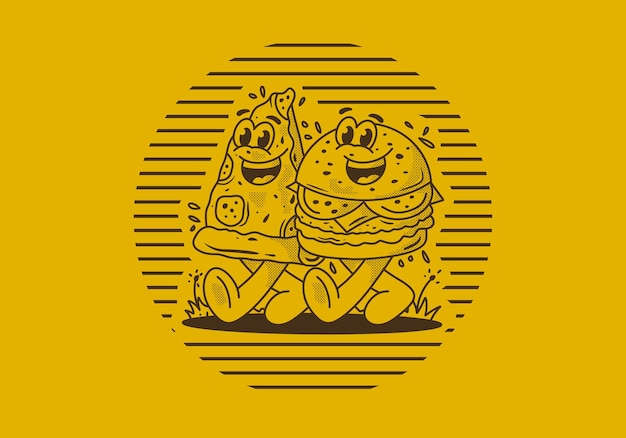 Character illustration of walking burger and pizza