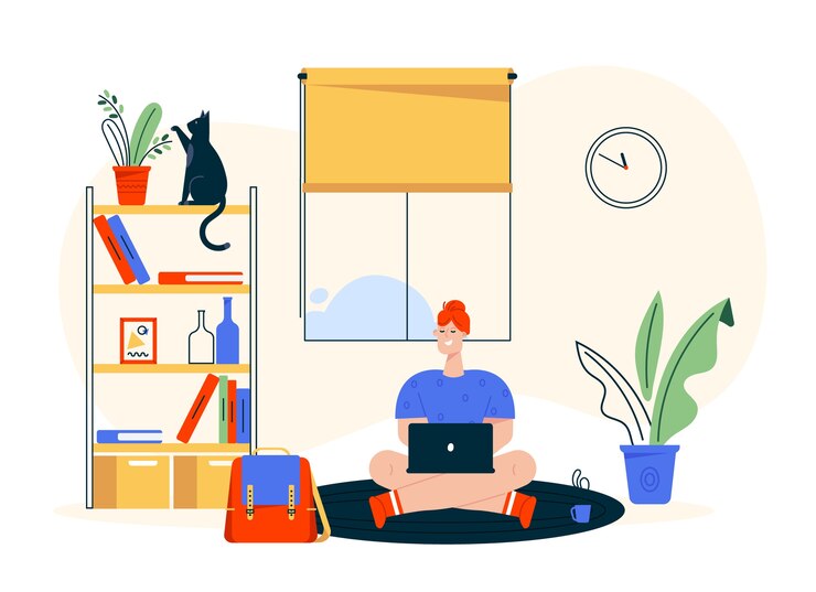  character illustration of work at home. Remote worker woman sitting on floor, working at laptop. Home office interior , bookshelf, cat pet, comfy workplace. Freelancer in creative studio
