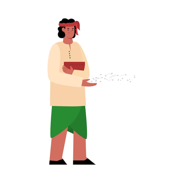 Character of an indian farmer throwing seeds a flat illustration