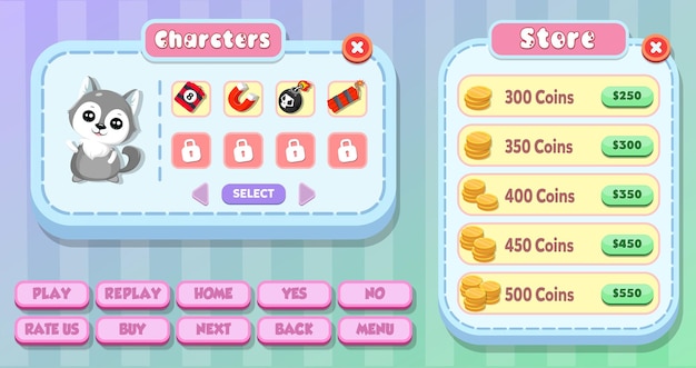 Character inventory  and store menu pop up with buttons coins and items