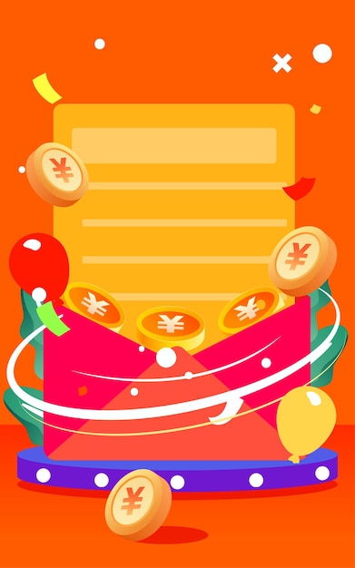 Vector the character is inside an envelope surrounded by gold coins and coupons vector illustration