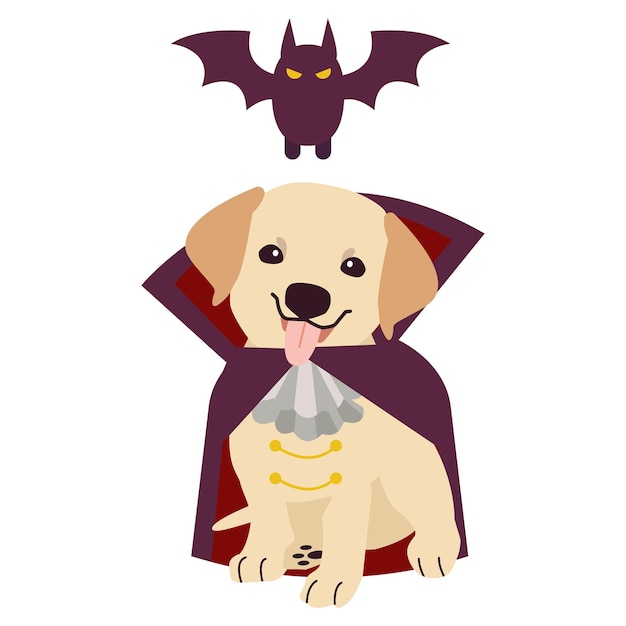 할로윈 테마 세트를 위한 뱀파이어 또는 드라큘라 의상을 입은 래브라도 리트리버 강아지의 캐릭터.