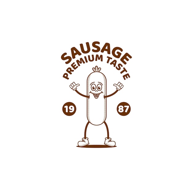 Логотип персонажа колбасной иллюстрации в винтажном стиле Шаблон векторного дизайна логотипа колбасной еды