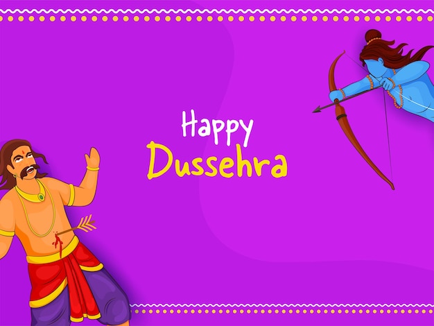 Vector character of lord rama killing to ravana on purple background for happy dussehra celebration.