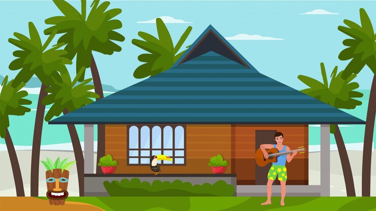 Vector character male play guitar near country house, flat vector illustration. guitarist rest private resort, african natural landscape.