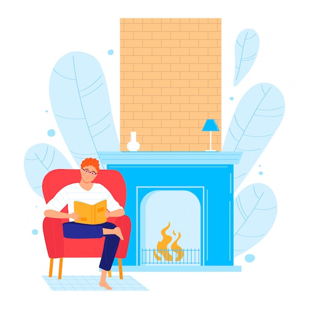 Character male sitting armchair read book, home cozy fireplace isolated on white, cartoon illustration. design room place.