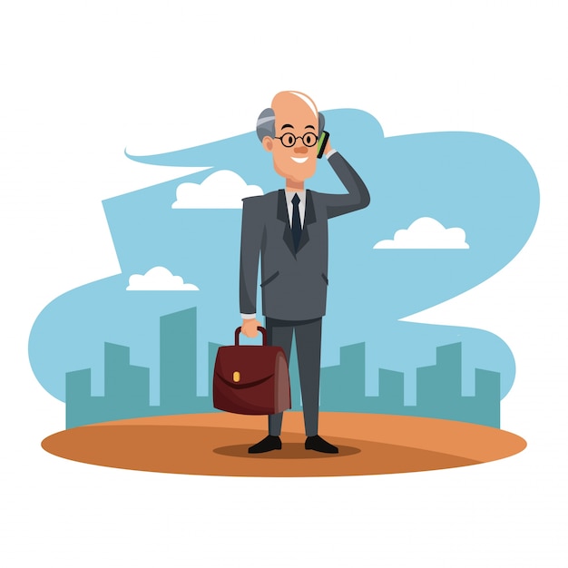 Vector character man business manager with smartphone and portfolio cityscape labor day