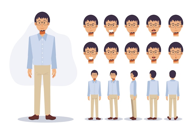 男性のキャラクターは、さまざまなビューでメガネ、フラットベクトル2D漫画のキャラクターイラストでカジュアルな服を着ています。