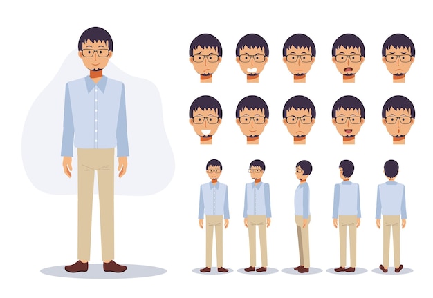 Vector character of a man wear casual clothing with glasses in various views,flat vector 2d cartoon character illustration.