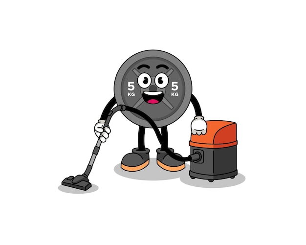 Character mascot of barbell plate holding vacuum cleaner