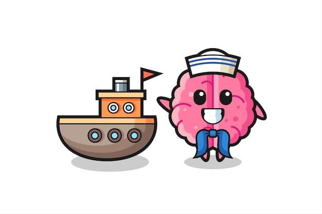 Character mascot of brain as a sailor man , cute style design for t shirt, sticker, logo element