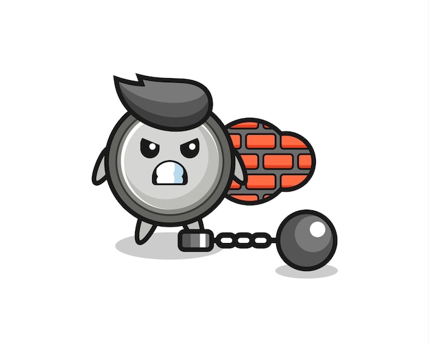 죄수로서의 버튼 셀의 캐릭터 마스코트, 티셔츠, 스티커, 로고 요소를 위한 귀여운 스타일 디자인