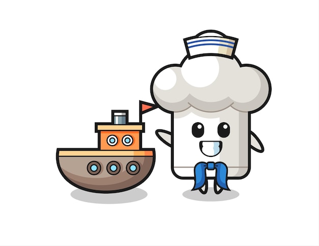 Personaggio mascotte del cappello da cuoco come marinaio, design in stile carino per maglietta, adesivo, elemento logo Vettore Premium