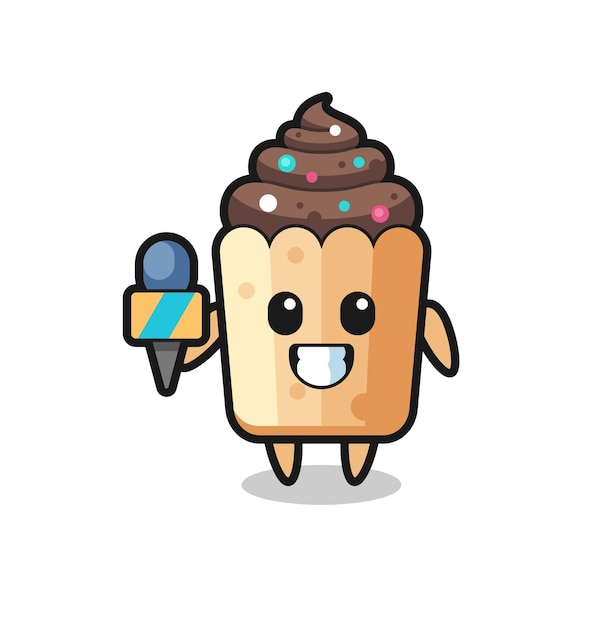 Character mascot of cupcake as a news reporter