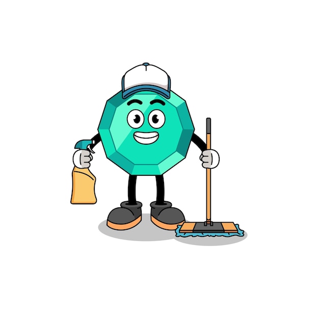 Character mascot of emerald gemstone as a cleaning services
