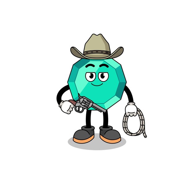 Personaggio mascotte della pietra preziosa di smeraldo come cowboy