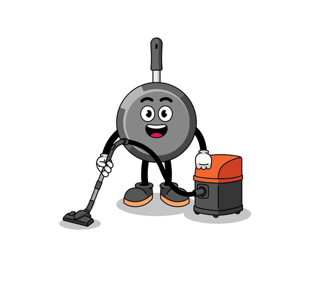 Character mascot of frying pan holding vacuum cleaner