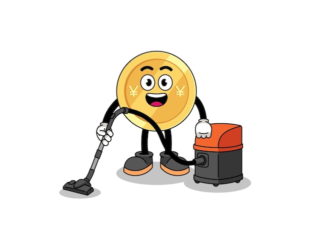 Character mascot of japanese yen holding vacuum cleaner