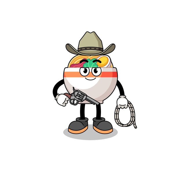 Personaggio mascotte della ciotola di noodle come un cowboy