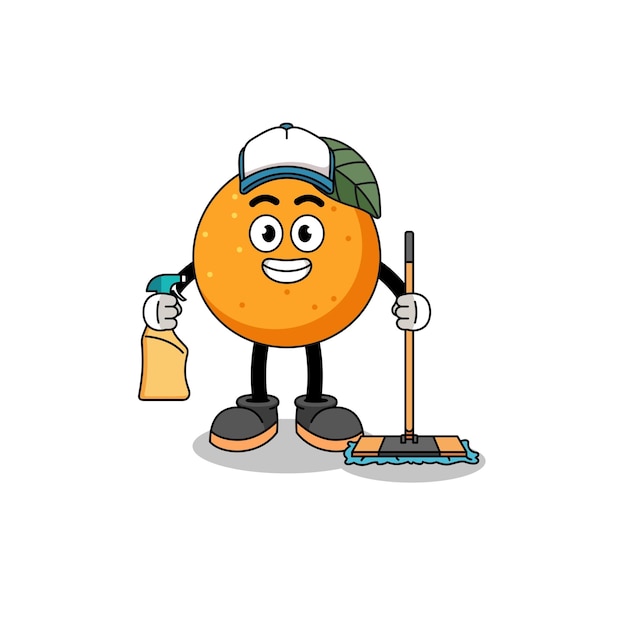 Personaggio mascotte di frutta arancione come design del personaggio di servizi di pulizia