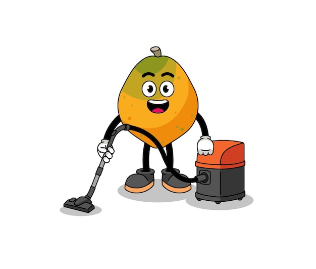 Character mascot of papaya fruit holding vacuum cleaner character design