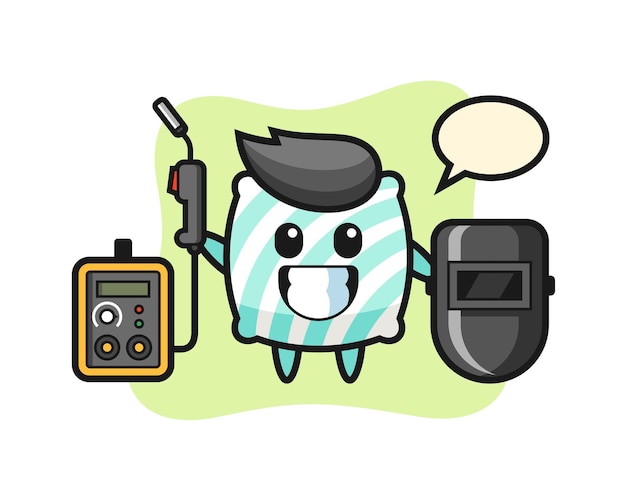 Character mascot of pillow as a welder