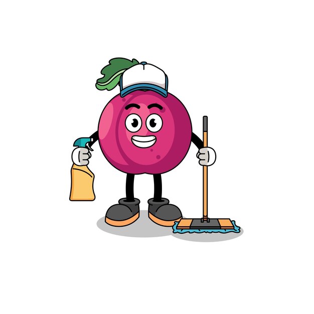 Character mascot of plum fruit as a cleaning services