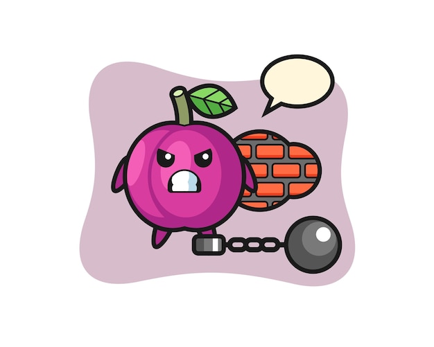 Character mascot of plum fruit as a prisoner, cute style design for t shirt, sticker, logo element