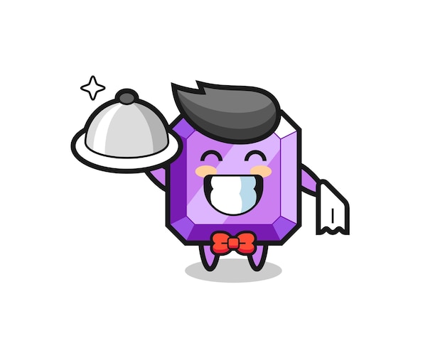 Character mascot of purple gemstone as a waiters , cute style design for t shirt, sticker, logo element